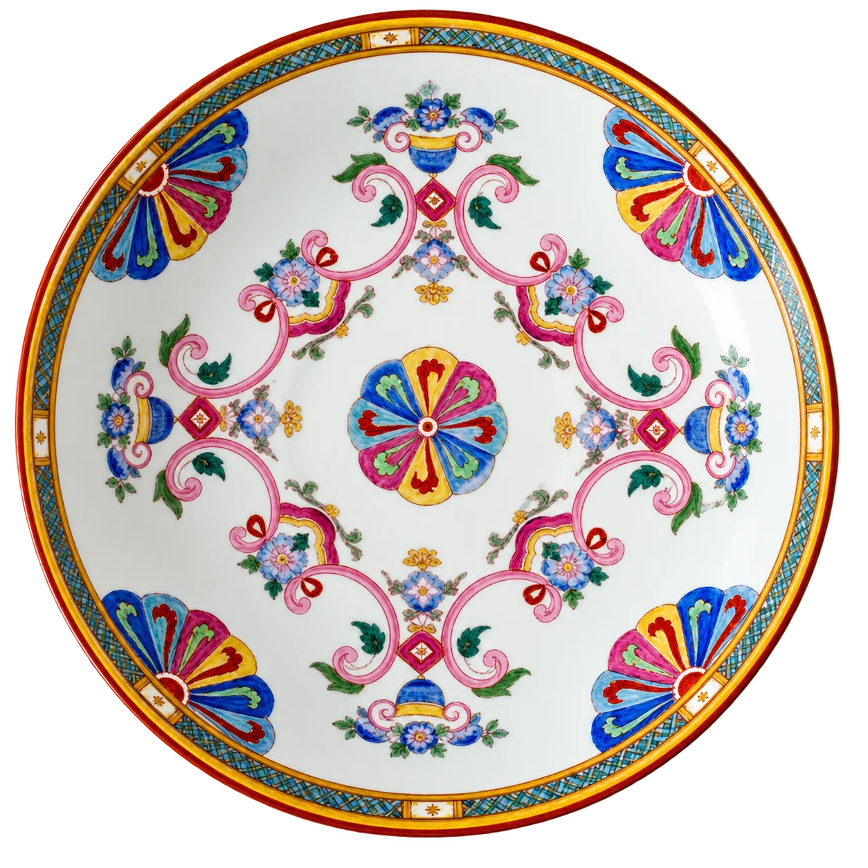 Assiette ancienne en porcelaine blanche ornée de motifs floraux roses, bleus et jaunes, avec un bord orangé, photographiée vue de dessus sur fond blanc.
