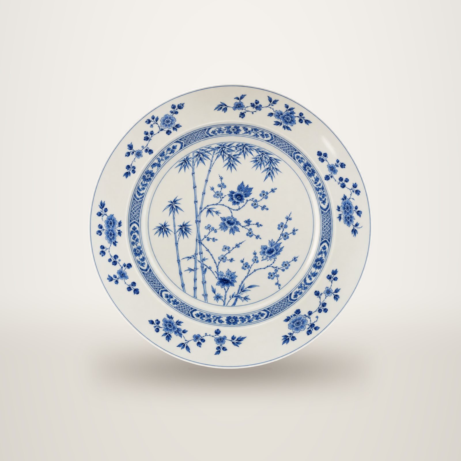Une grande assiette en porcelaine ancienne ornée de fleurs et de bambous bleus sur fond crème, photographiée sur fond blanc.