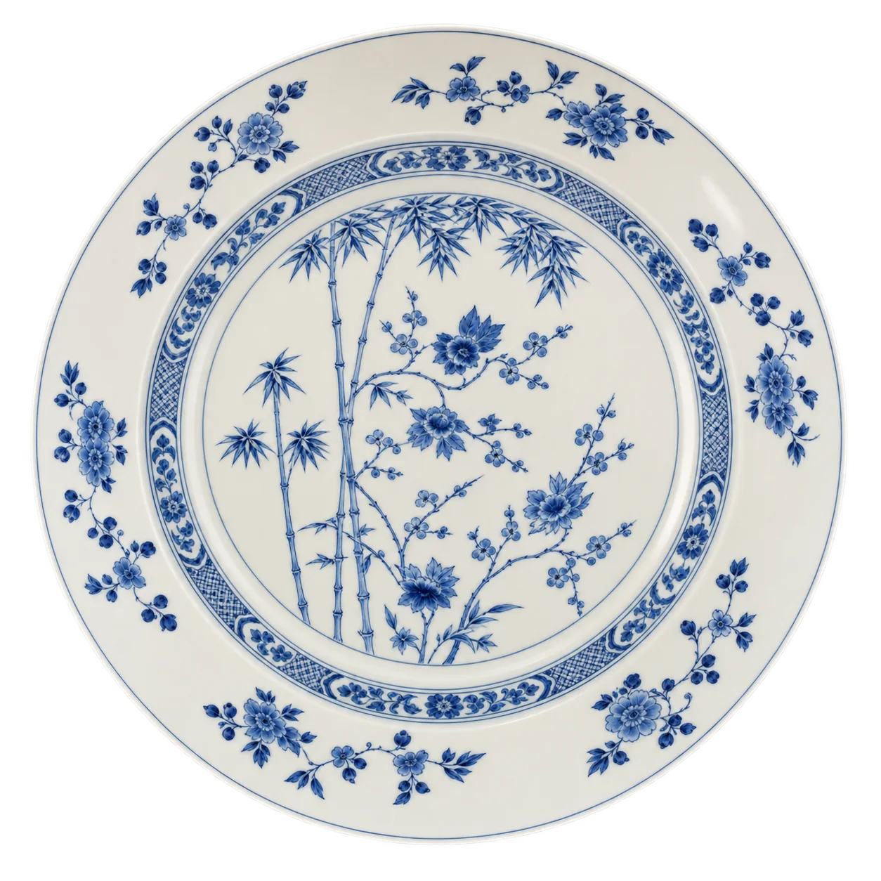 Une grande assiette en porcelaine ancienne ornée de fleurs et de bambous bleus sur fond crème, photographiée sur fond blanc.