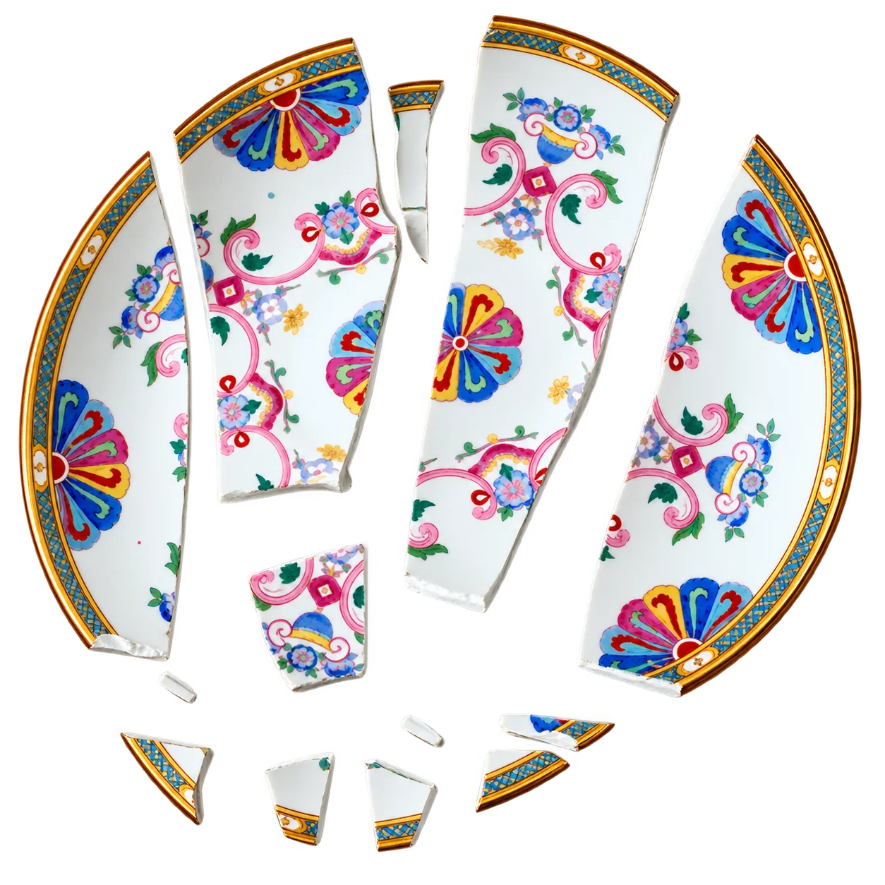 Une assiette en porcelaine à motifs floraux colorés, cassée en plusieurs fragments disposés en cercle sur fond blanc.