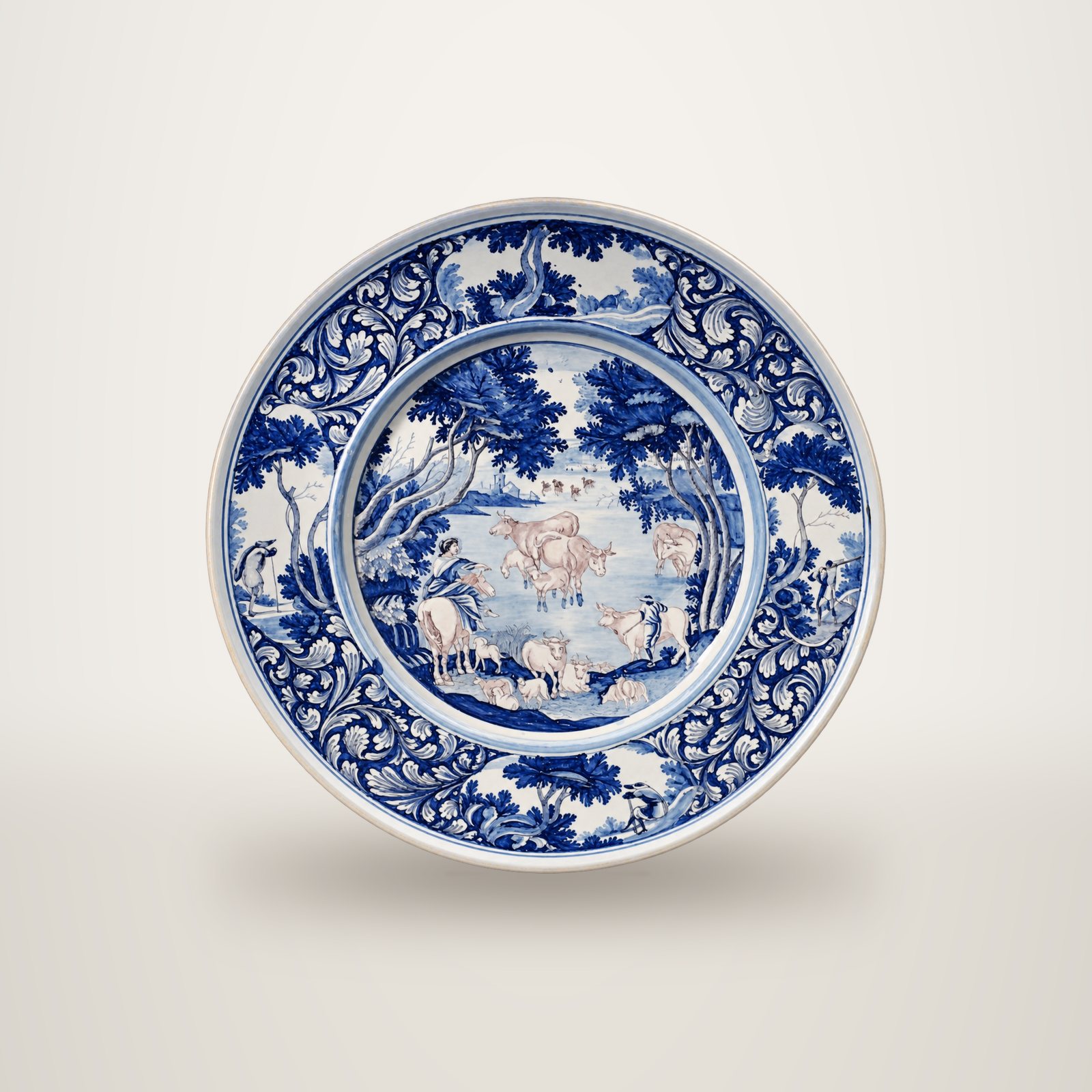 Grand plat en faïence décoré en camaïeu bleu d'un paysage pastoral avec vaches et bergers, entouré d'un large bord orné de feuillages stylisés.