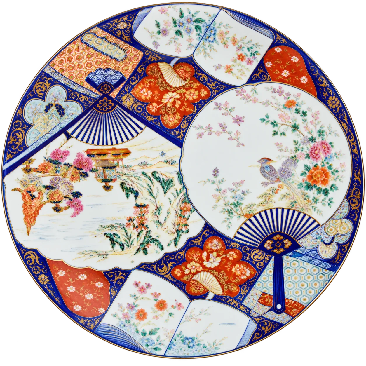 Un grand plat rond en porcelaine de style Imari, décoré d'éventails aux motifs de fleurs et d'oiseaux en bleu, rouge et or.