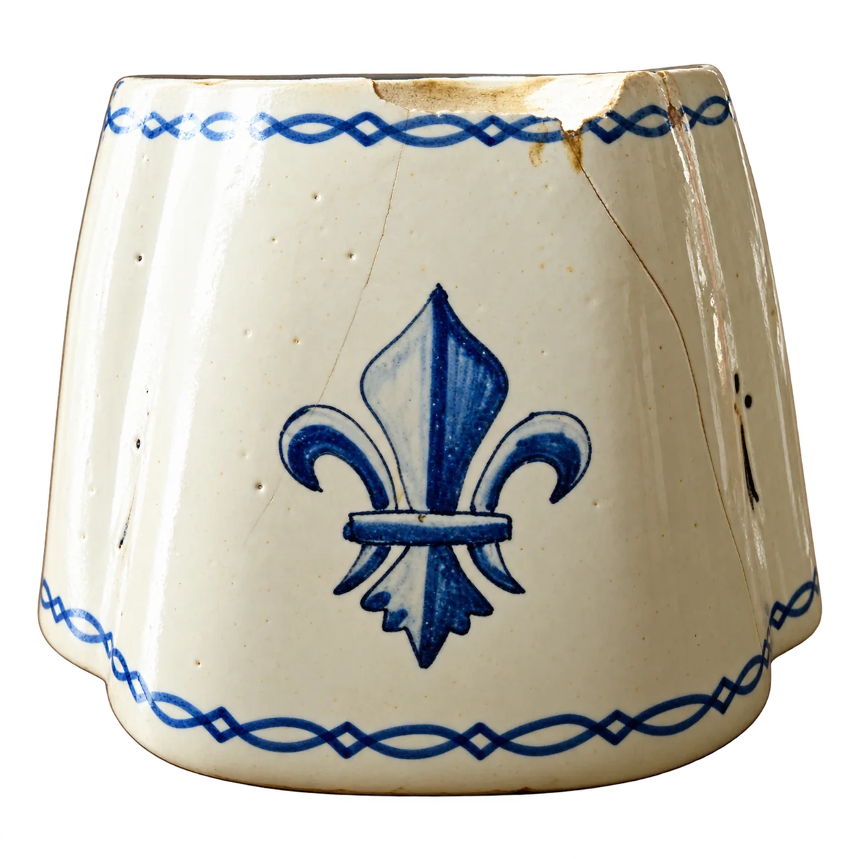 Un pot ancien en faïence blanche, orné d'une fleur de lys bleue et de frises bleues, présente quelques fissures et éclats.