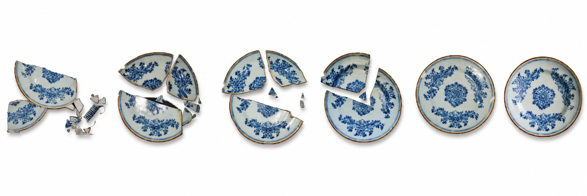 Six étapes de la restauration d'une assiette ancienne en céramique à décor bleu, des fragments brisés jusqu'à l'assiette entièrement reconstituée.