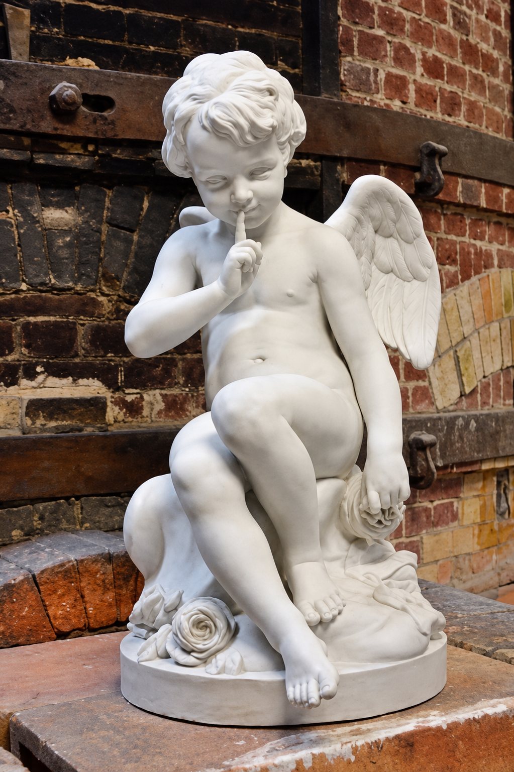 Statue en plâtre blanc d'un petit amour ailé assis sur un rocher, un doigt posé sur les lèvres, devant un mur de briques.