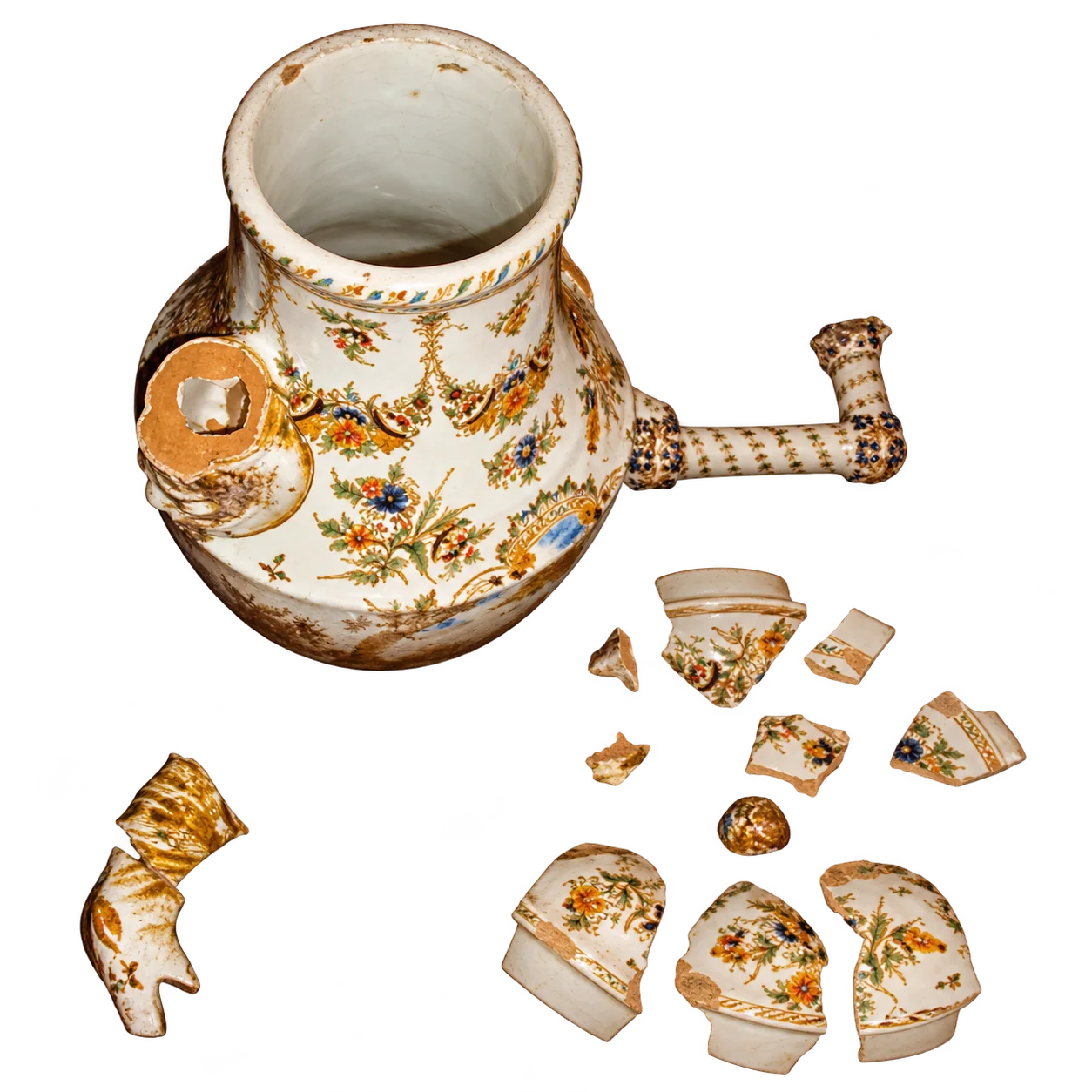 Un vase ancien en faïence à décor floral peint, cassé, posé sur fond blanc avec son anse torsadée détachée et de nombreux fragments autour.